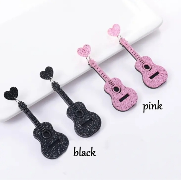 Pink Glitter Acrylic Guitar Earrings - Picture 2 of 4